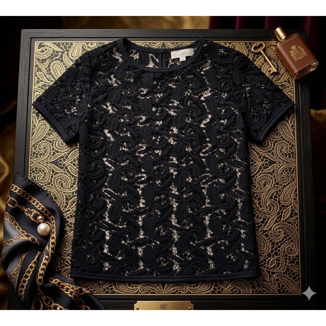 Loft Women’s Xl Navy Embroidered Lace Top 100% Cotton Short Sleeve Keyhole Back